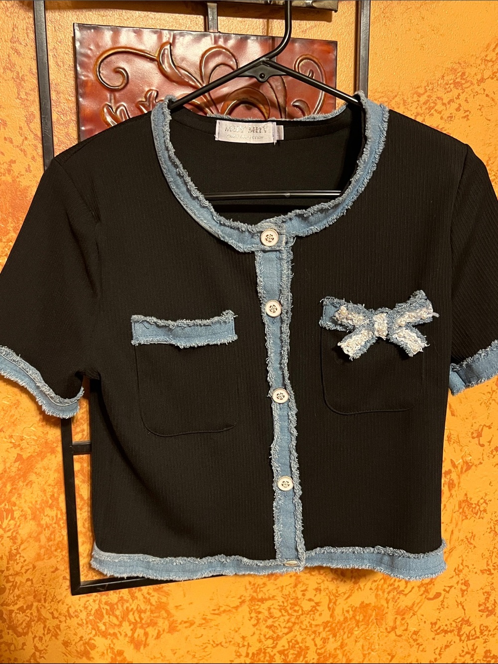 NWOT-Muv Muv Black Short Sleeve Top with Denim Trim